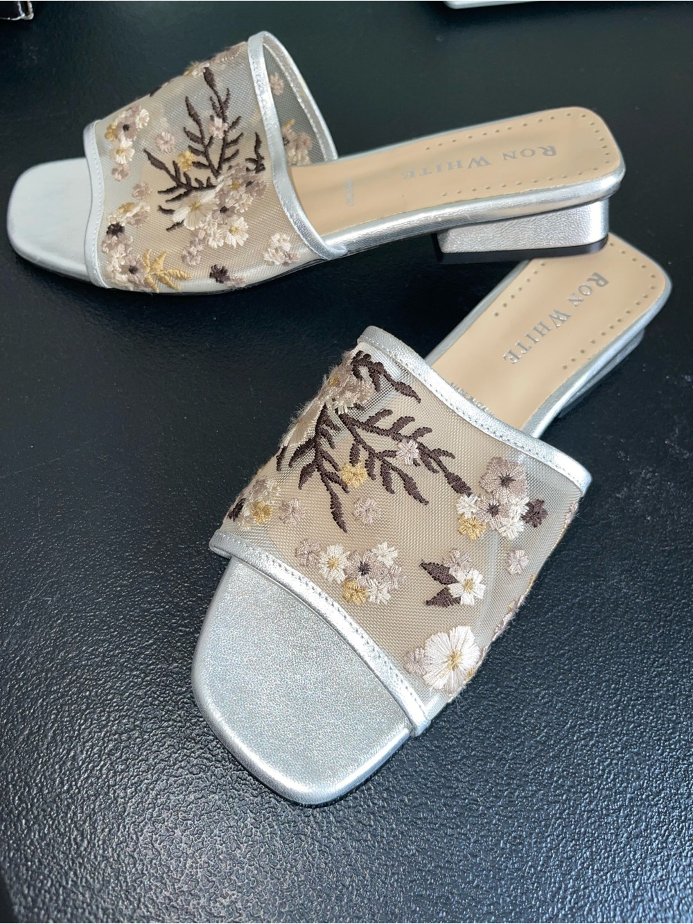 Ron White Silver Embroidered Slide Sandals-Made in Italy